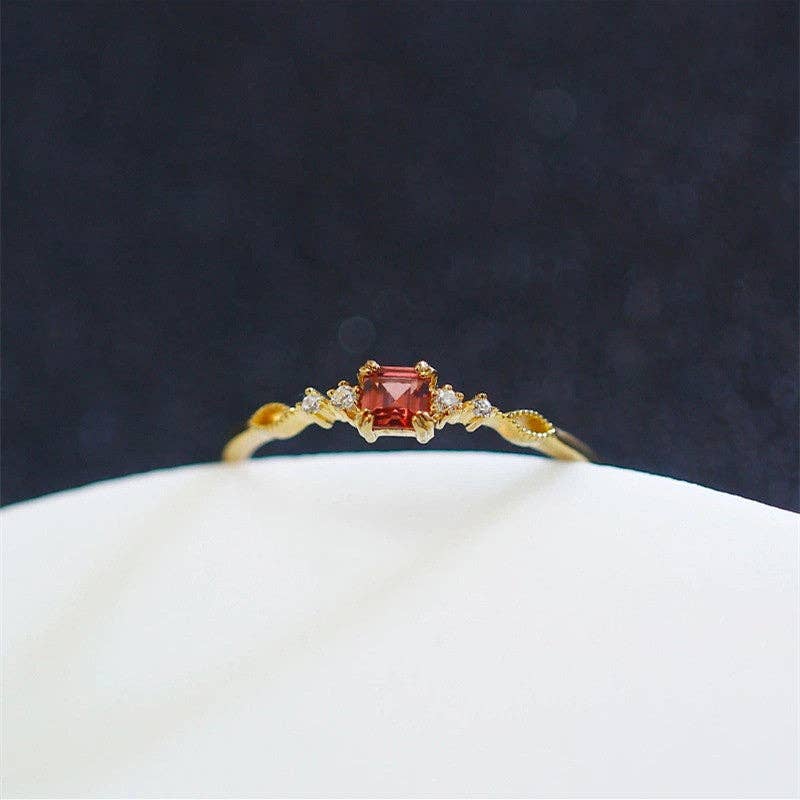 Gold Vintage Garnet Stone Thin Band Ring in Sterling Silver