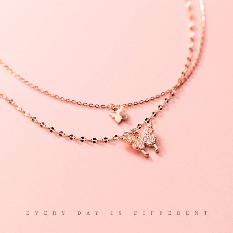 Butterfly Double Layering Necklace in 925 Sterling Silver