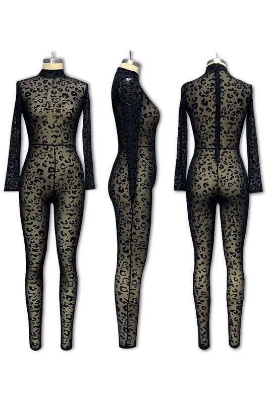 Leopard mesh long sleeves jumpsuit