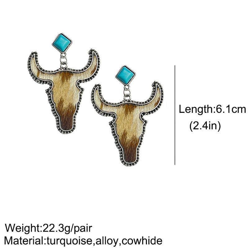 Western Style Cowhide Cowhead Shape Stud Earrings - WJ