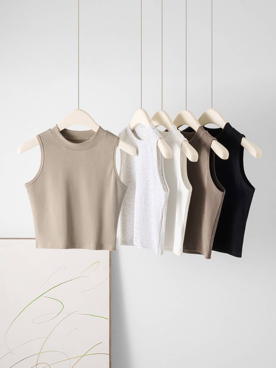 Basic Essential cotton blend fitted high neck crop tank top