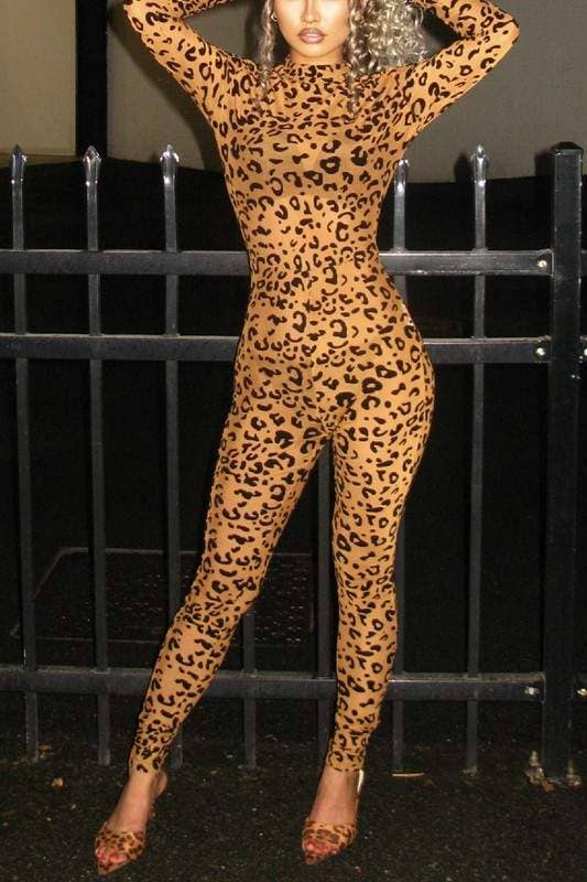 Leopard mesh long sleeves jumpsuit