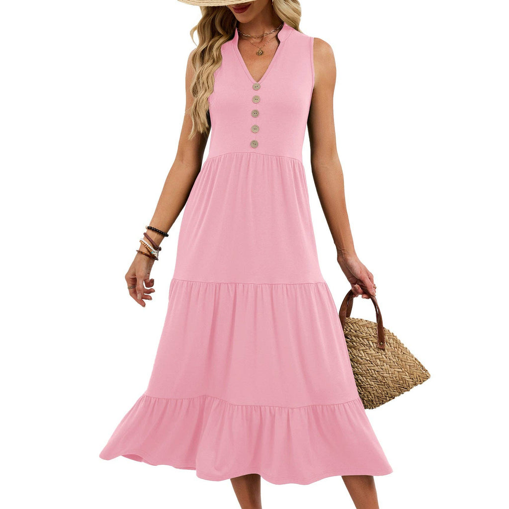Sleeveless V-Neck Button Down Tiered Midi Dress Casual Summer