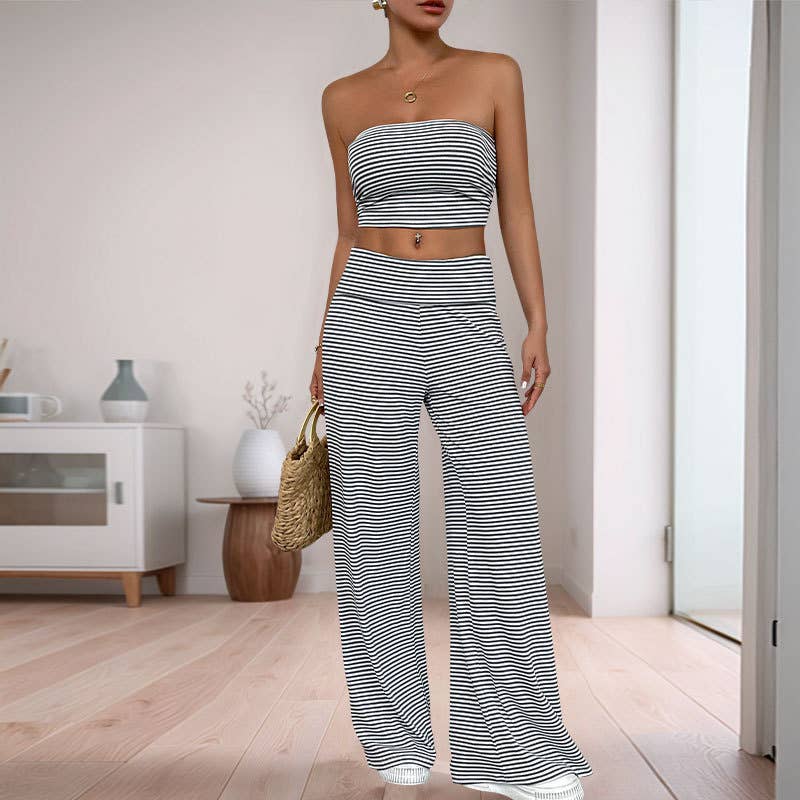 Striped Bandeau Cropped Wide-Leg Pants Two-Piece Set