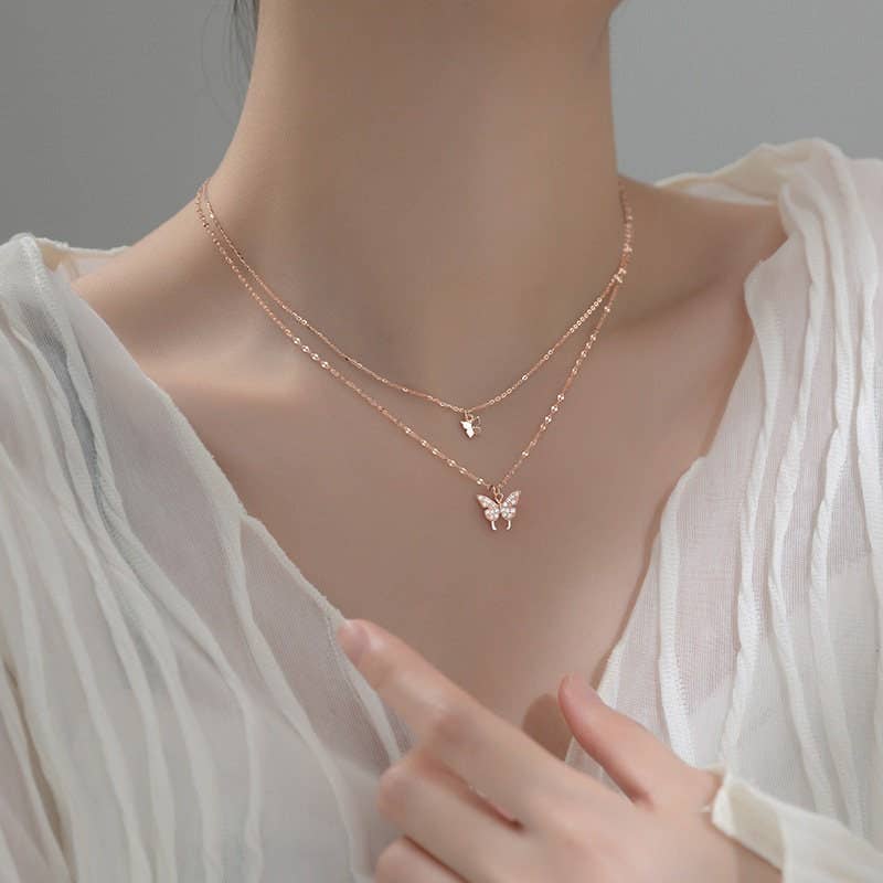 Butterfly Double Layering Necklace in 925 Sterling Silver