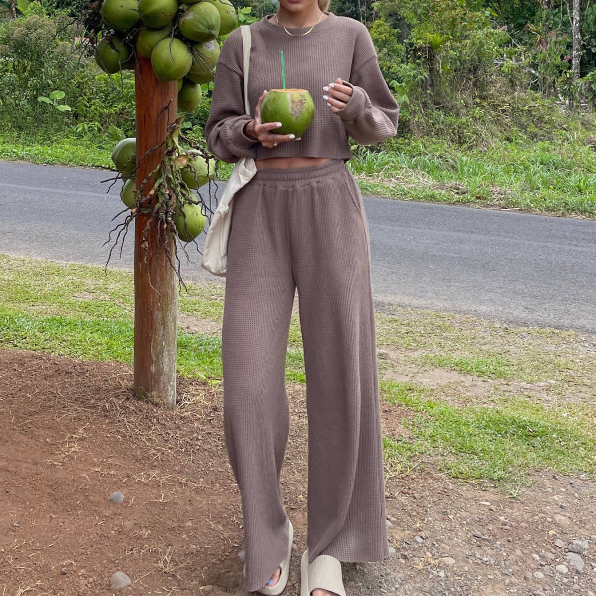 Waffle long sleeve crop top wide leg pant 2 piece set