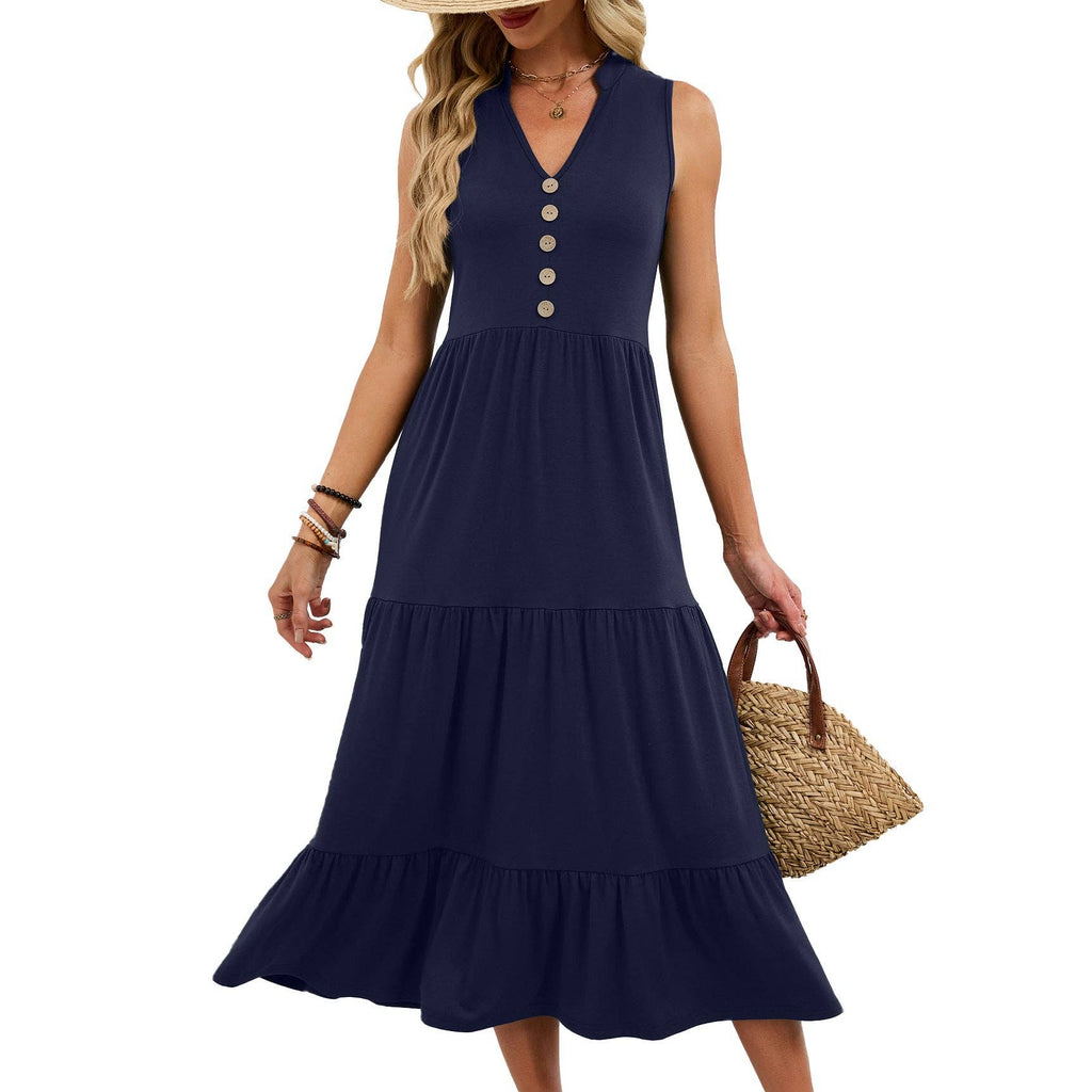 Sleeveless V-Neck Button Down Tiered Midi Dress Casual Summer