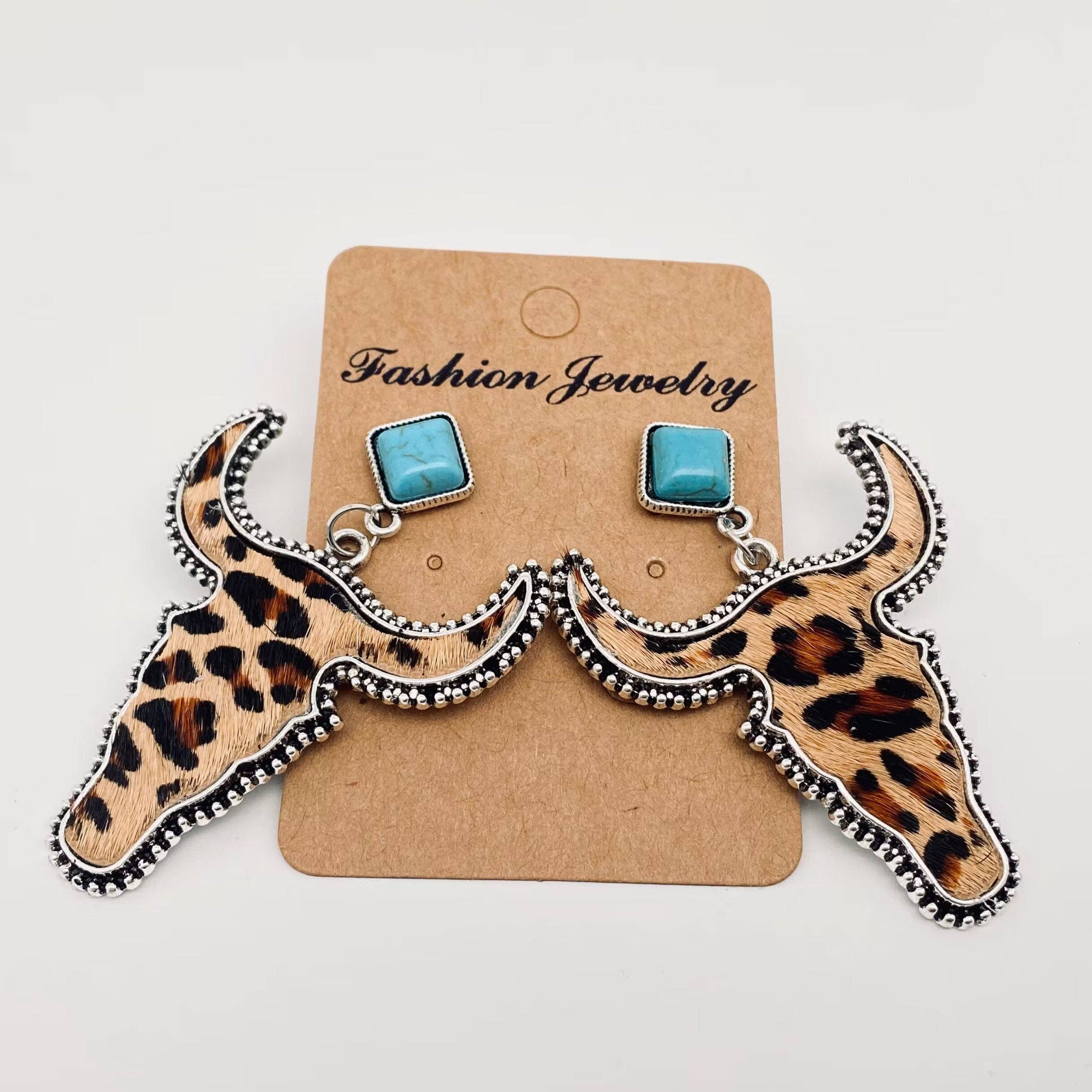Western Style Cowhide Cowhead Shape Stud Earrings - WJ