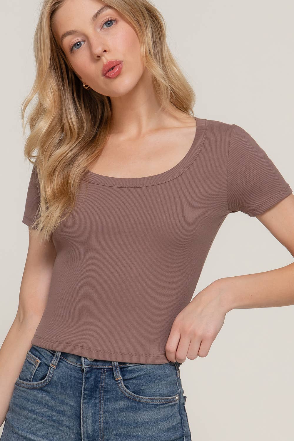 Short Sleeve Round Neck Cotton Rib Knit Top