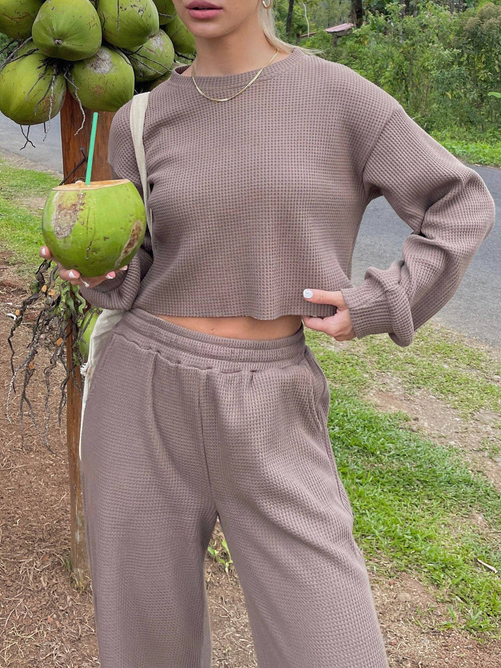 Waffle long sleeve crop top wide leg pant 2 piece set