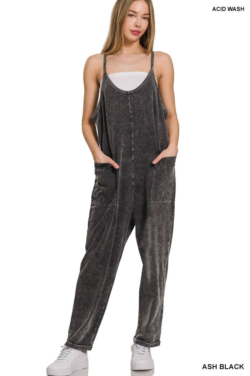 `.Washed Spaghetti Straps Overalls W/ Pockets