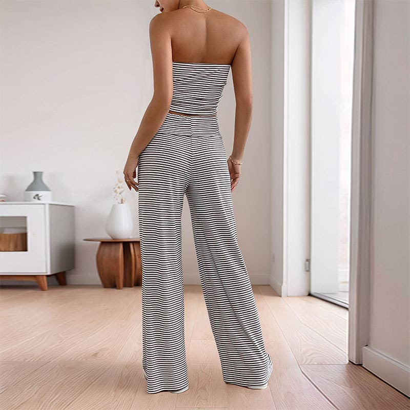 Striped Bandeau Cropped Wide-Leg Pants Two-Piece Set