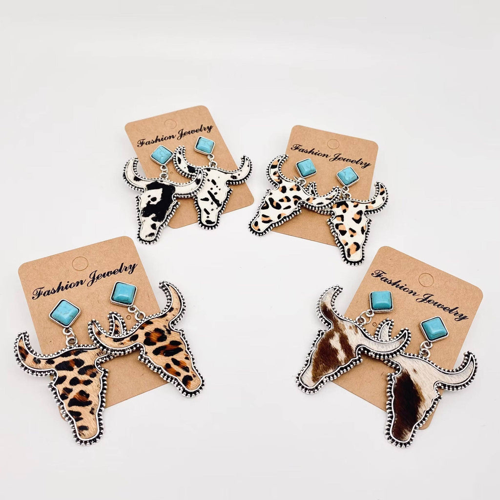 Western Style Cowhide Cowhead Shape Stud Earrings - WJ