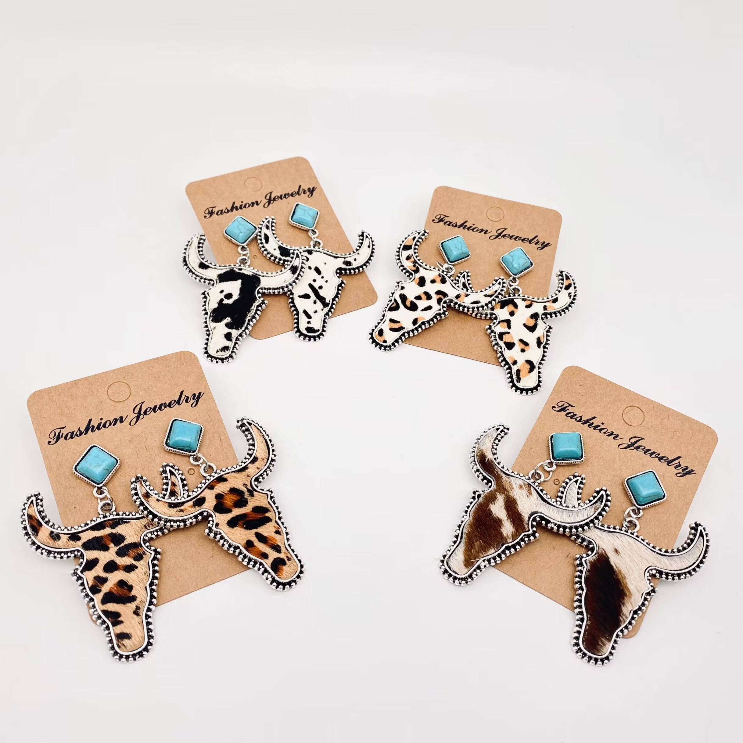 Western Style Cowhide Cowhead Shape Stud Earrings - WJ