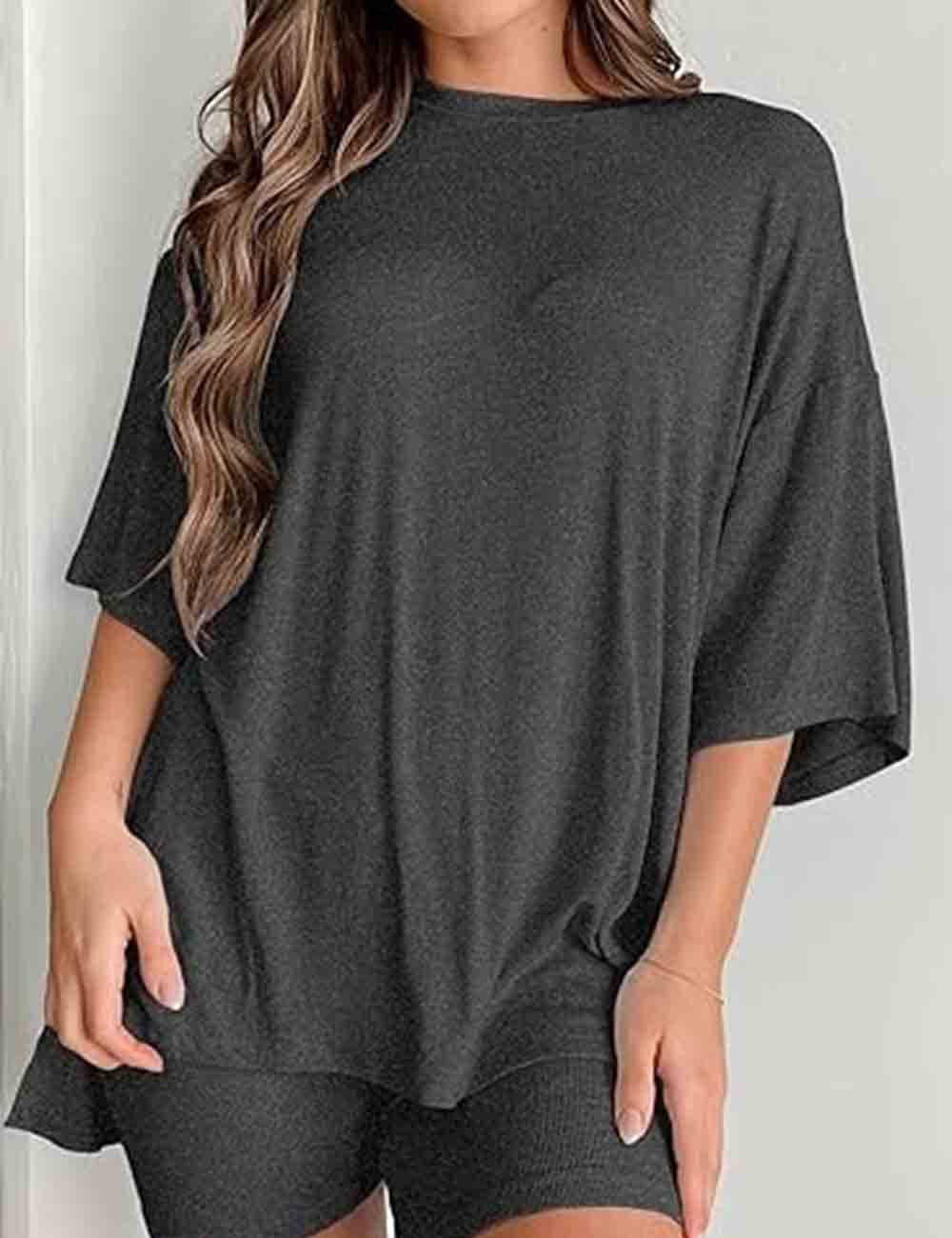 Ladies Round Neck Solid Color Short Sleeves Top & Shorts 2PCS Set