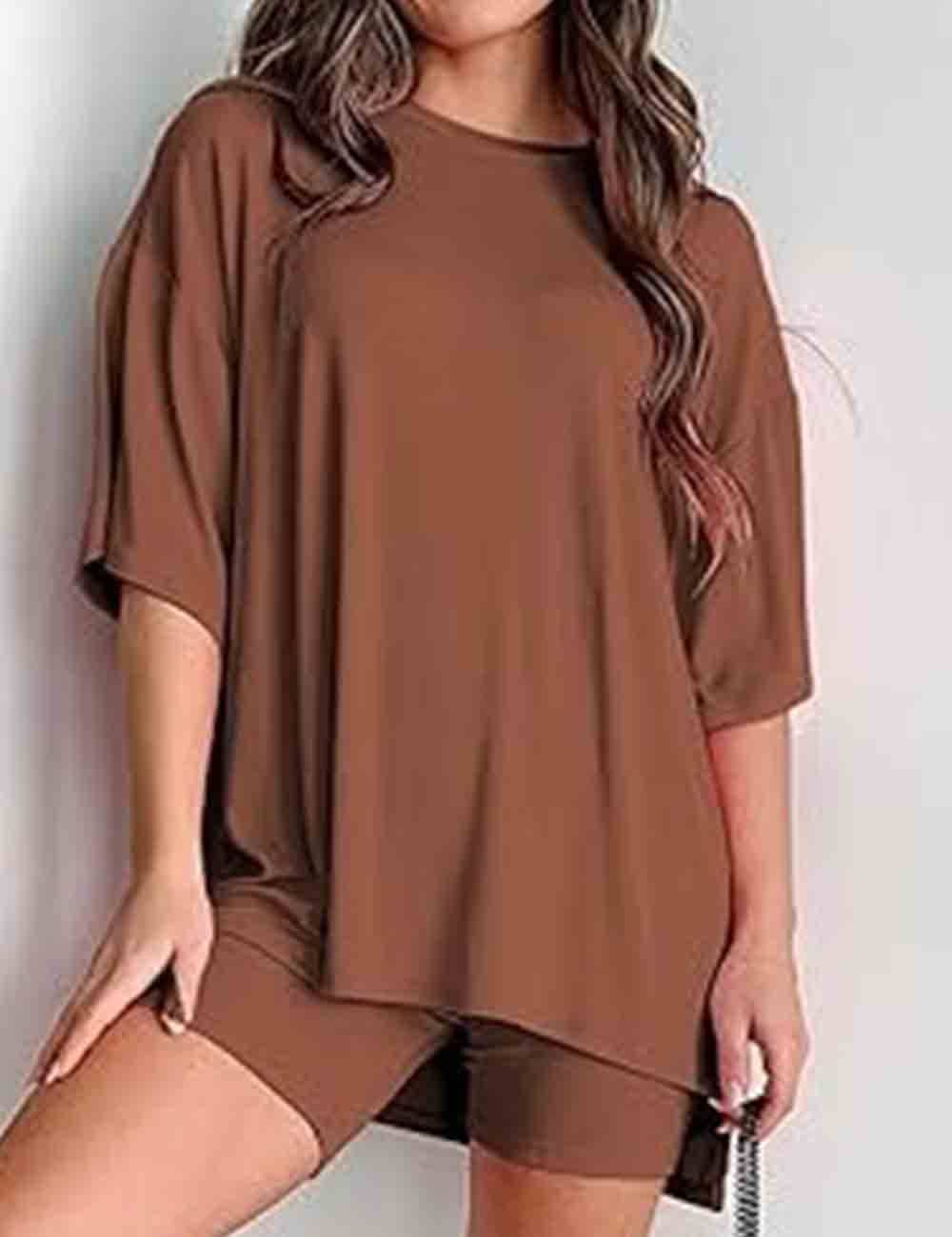 Ladies Round Neck Solid Color Short Sleeves Top & Shorts 2PCS Set