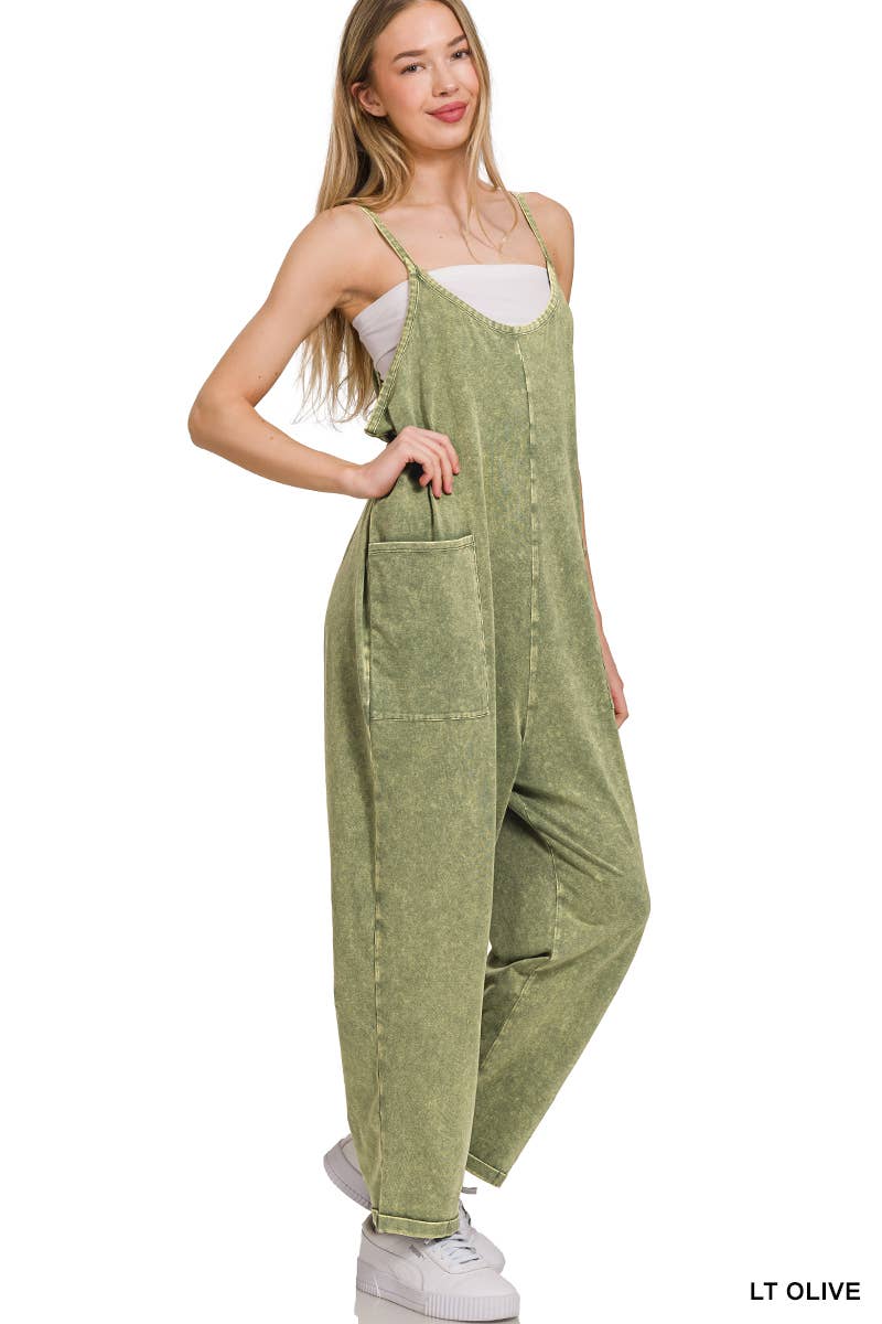 `.Washed Spaghetti Straps Overalls W/ Pockets