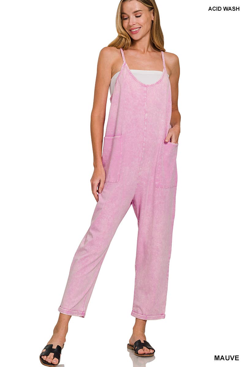 `.Washed Spaghetti Straps Overalls W/ Pockets